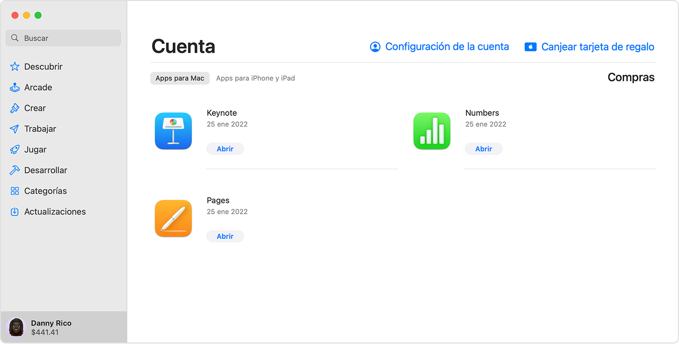 La pantalla Cuenta en App Store para macOS, con el saldo de la cuenta resaltado.