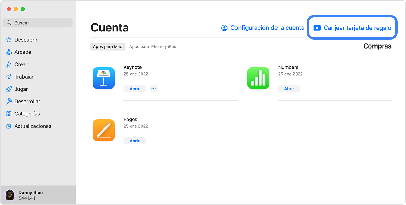 La App Store en una Mac que muestra la opción para canjear una tarjeta de regalo