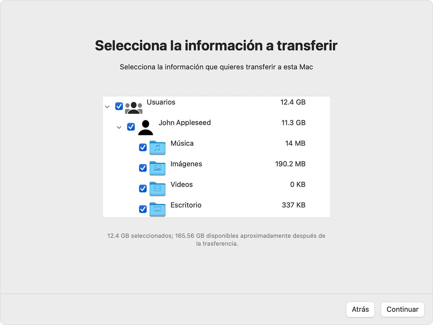 Asistente de migración en la Mac: Selecciona la información que desees transferir