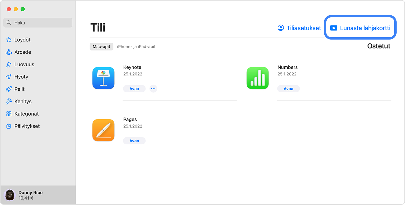 Macin näytöllä näkyy App Store ja lahjakortin lunastusvaihtoehto