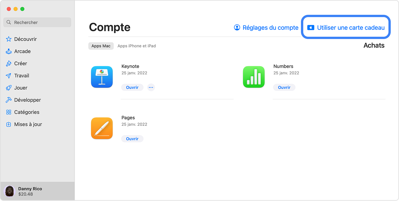 L’App Store sur un Mac affichant l’option d’utiliser une carte-cadeau