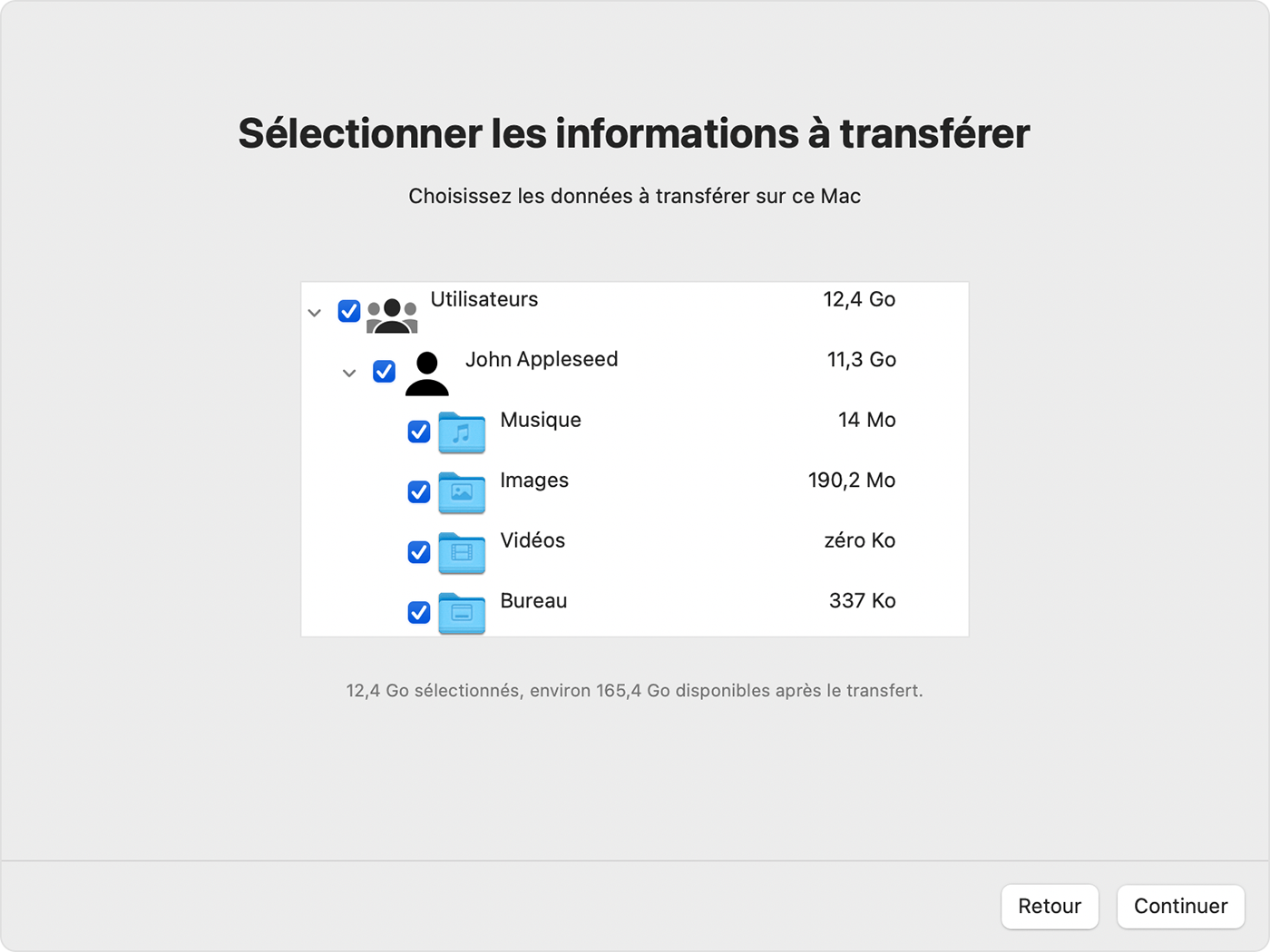 Assistant migration sur Mac : sélectionnez les informations à transférer