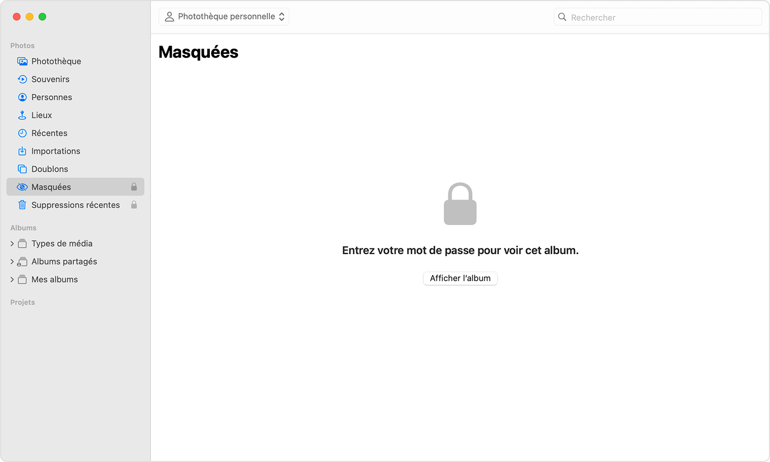 Album Masquées en surbrillance dans l’app Photos de macOS.