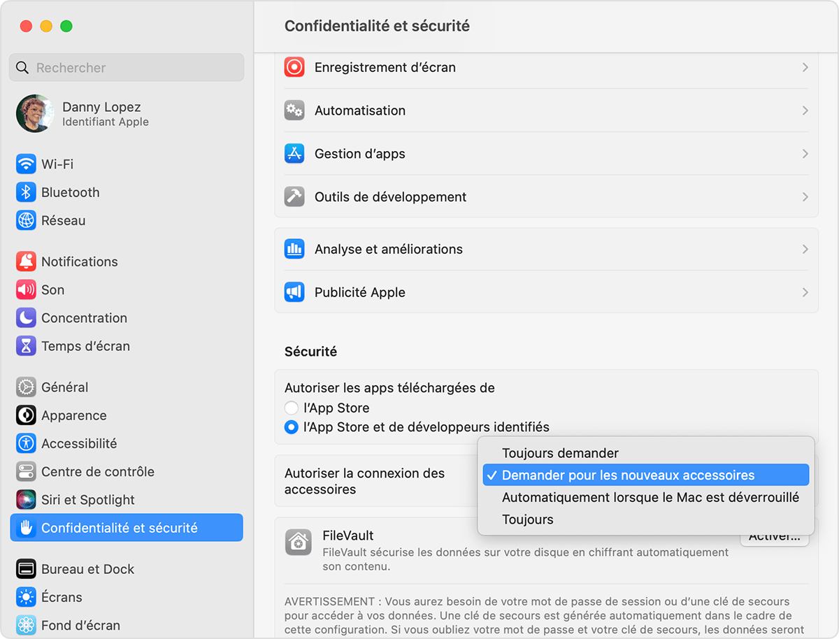 Modifier le réglage Autoriser la connexion des accessoires sur votre ordinateur portable Mac
