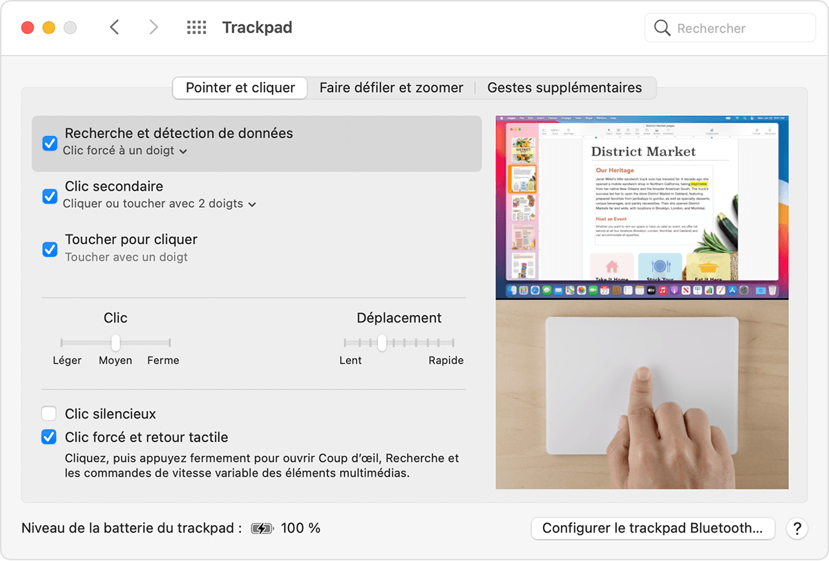 Fenêtre Préférences du trackpad dans macOS