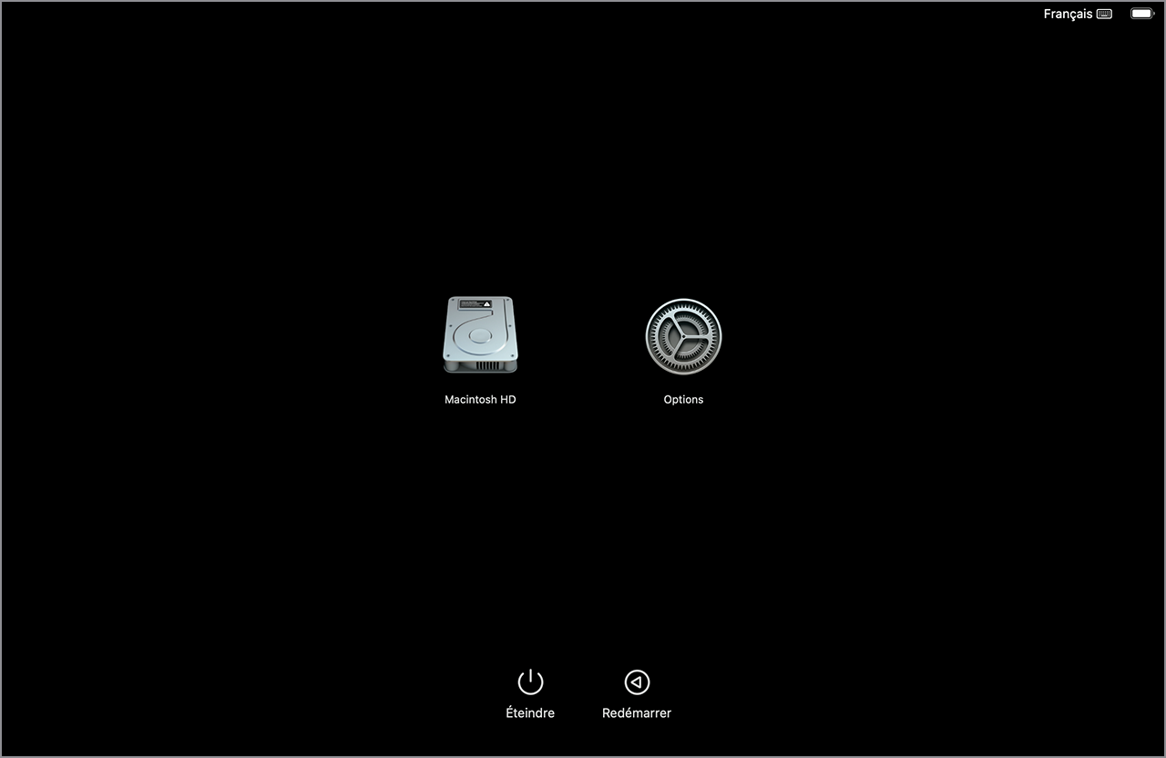 Écran des options de démarrage de macOS affichant les icônes Macintosh HD et Options