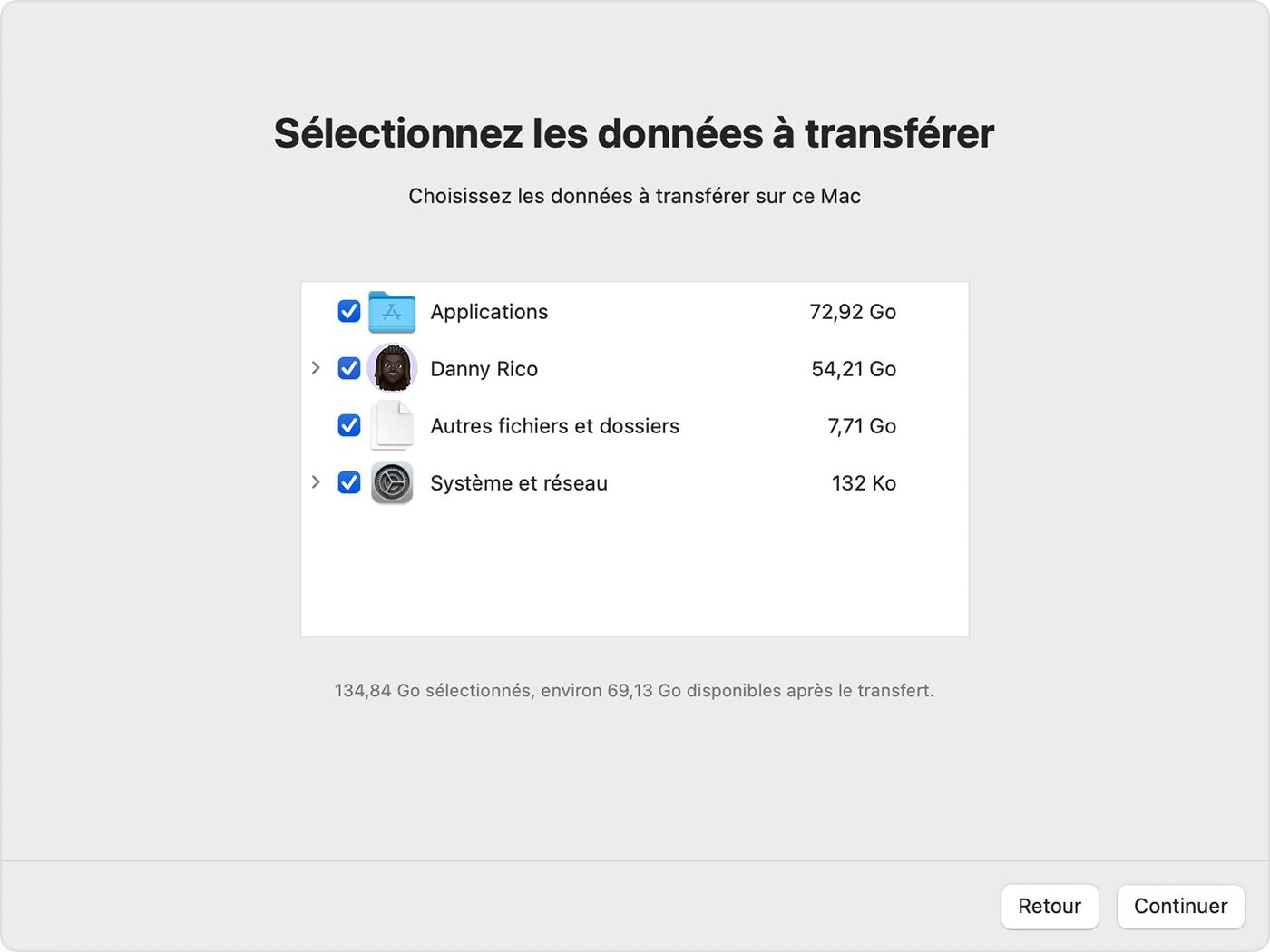 Informations relatives au transfert dans l’assistant migration sous macOS Ventura