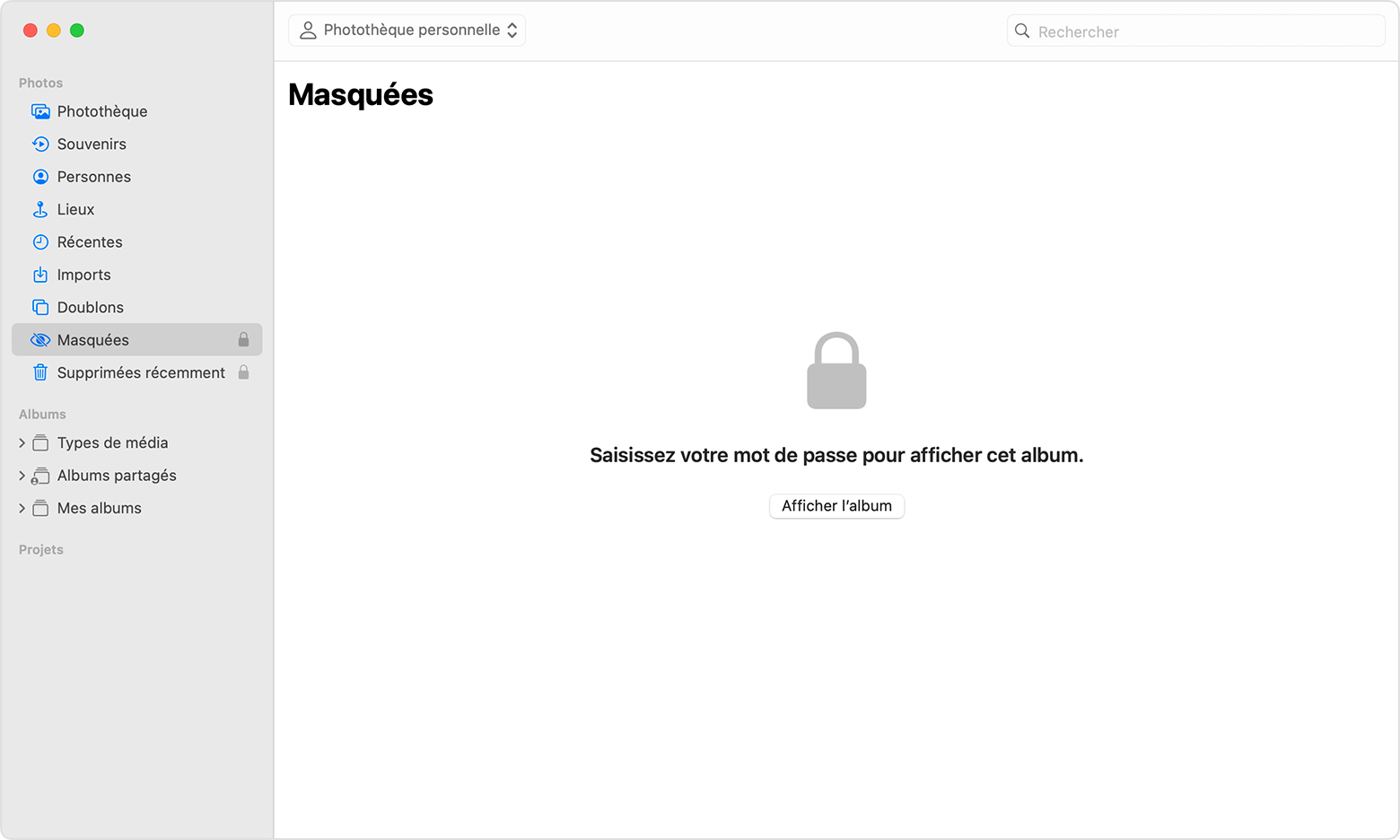 Album Masquées mis en évidence dans l’app Photos sous macOS.