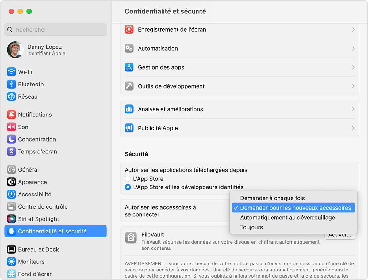Modifier le réglage Autoriser les accessoires à se connecter sur votre ordinateur portable Mac