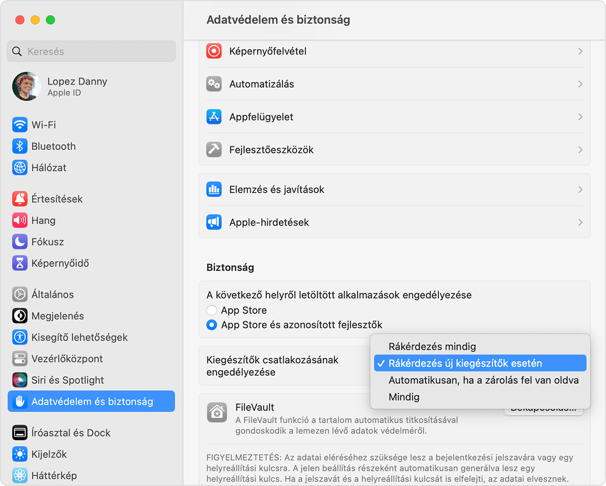 A Kiegészítők csatlakozásának engedélyezése beállítás módosítása Mac notebookon
