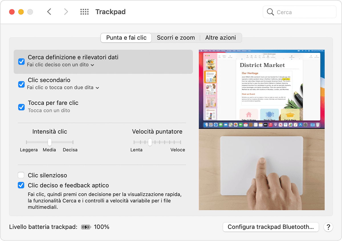 Finestra delle preferenze del trackpad di macOS