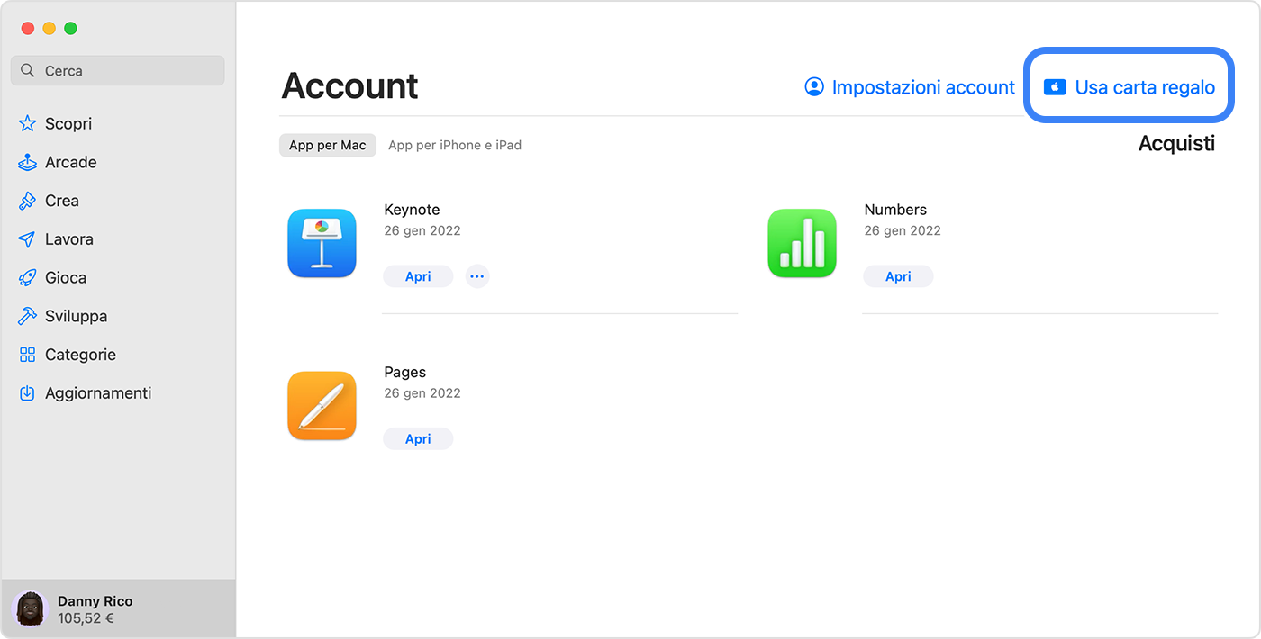 L'App Store su un Mac che mostra l'opzione per utilizzare una carta regalo