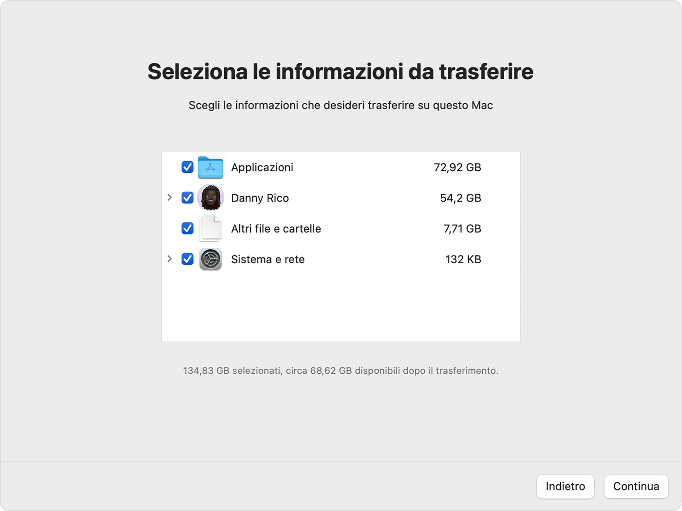 Assistente Migrazione su macOS Ventura; informazioni sul trasferimento