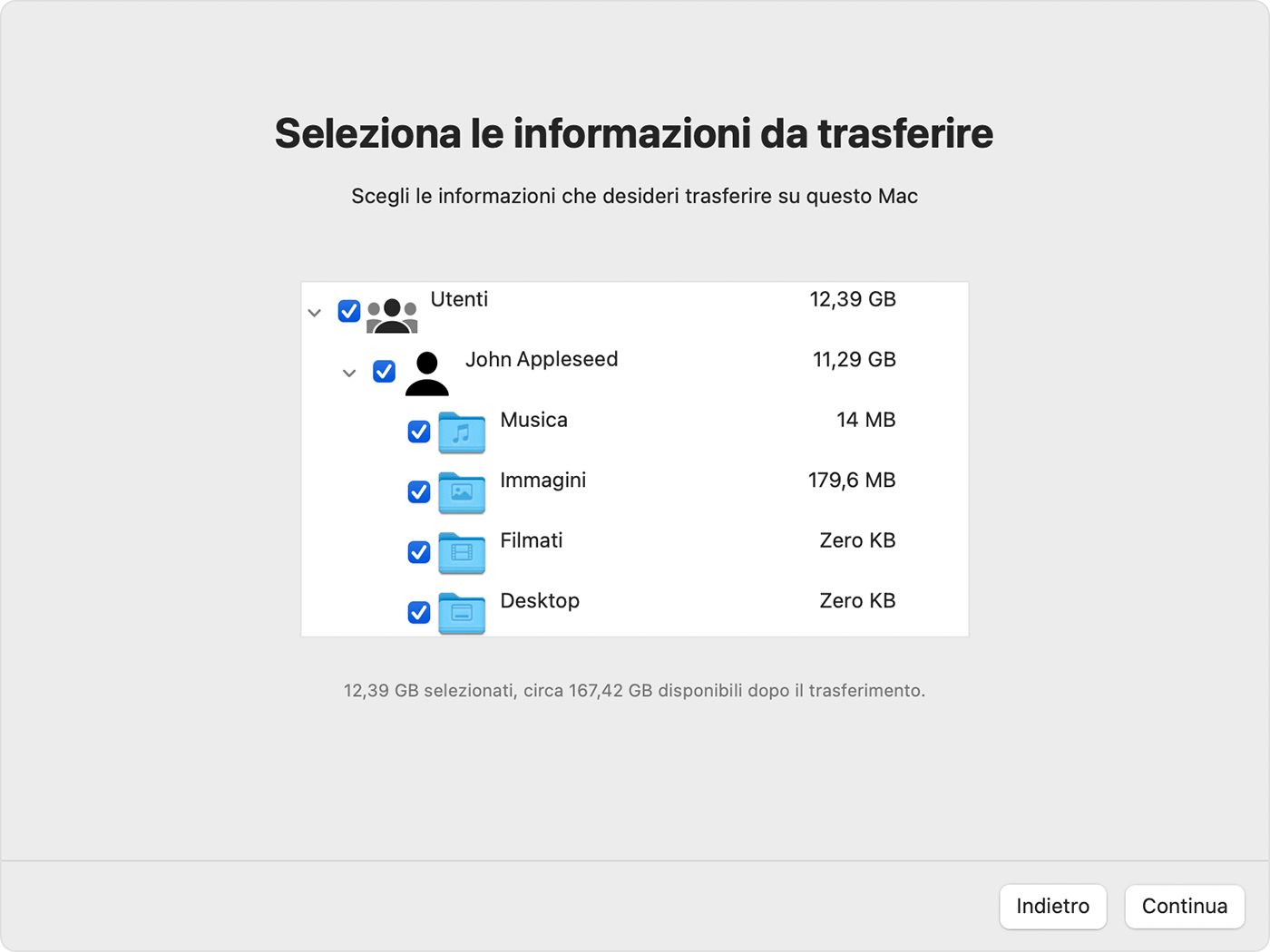 Assistente Migrazione su Mac: seleziona le informazioni da trasferire