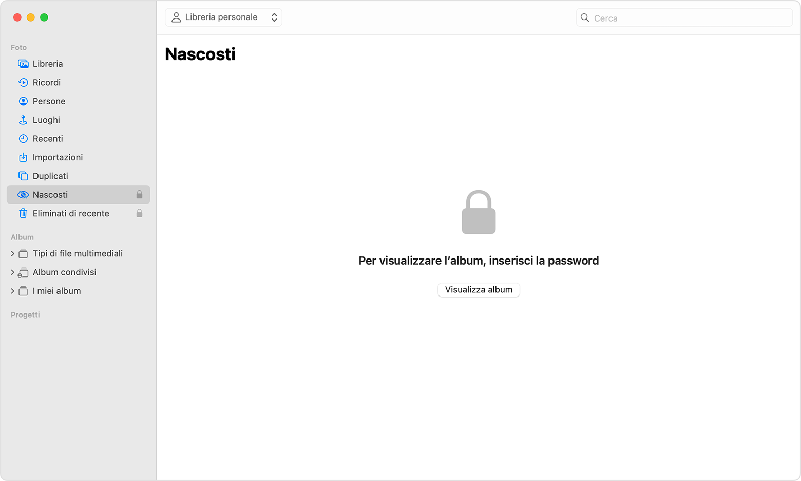 Album Nascosti evidenziato nell'app Foto di MacOS.