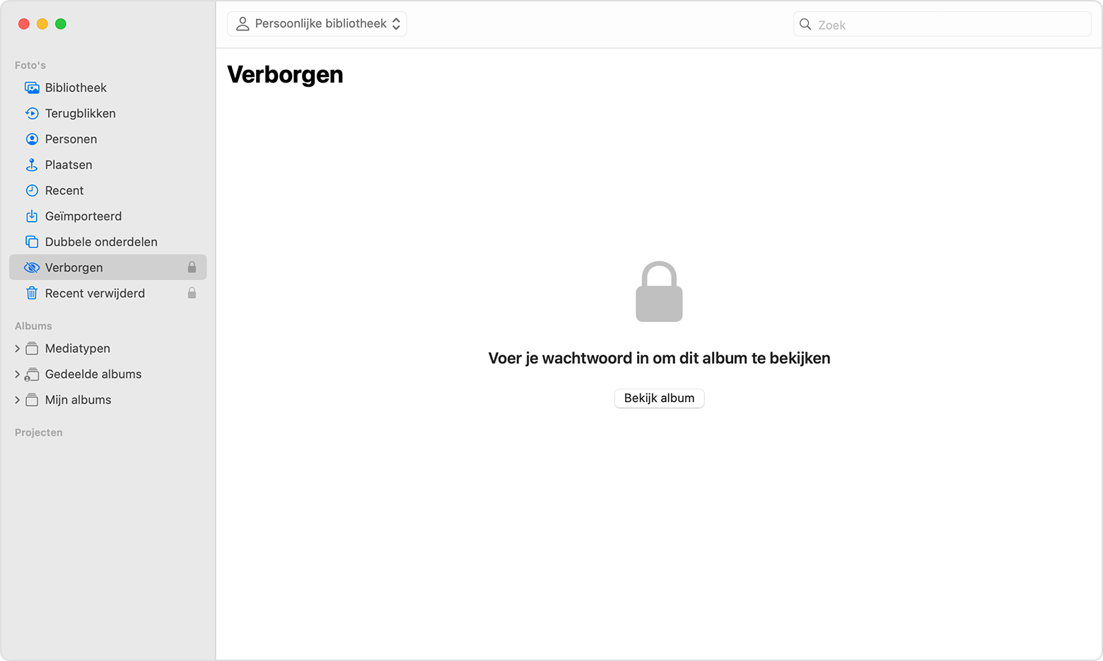 Het album 'Verborgen' gemarkeerd in de Foto's-app in macOS.