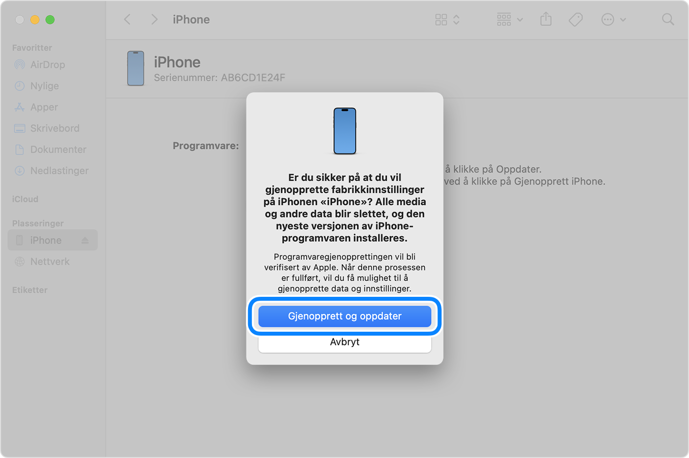 For å gjenopprette og oppdatere iPhone med datamaskinen må du trykke på Gjenopprett og Oppdater for å bekrefte.