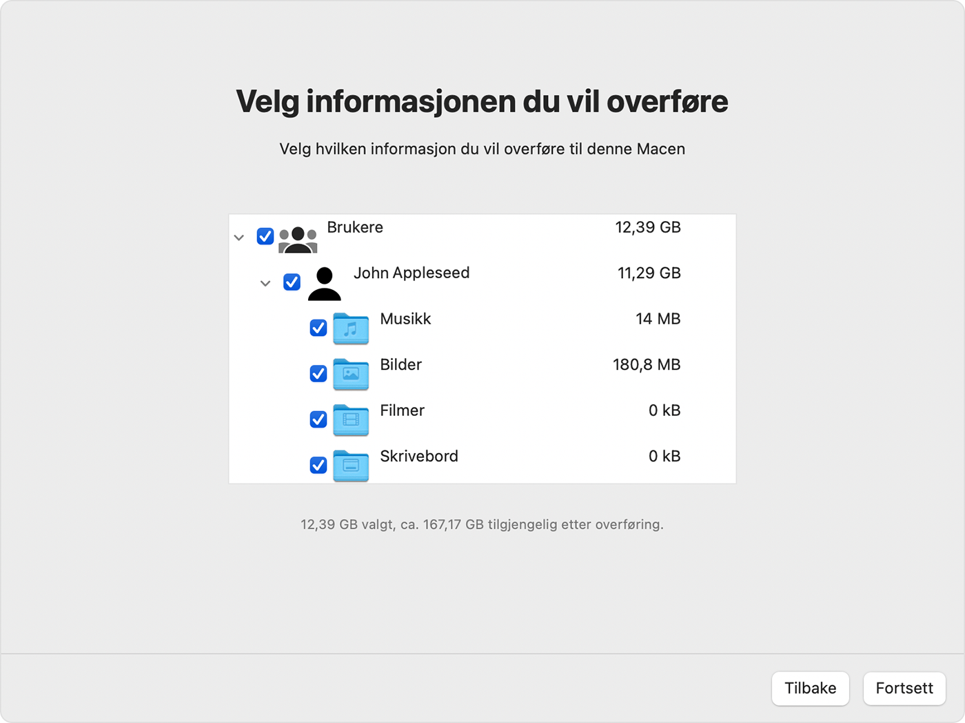 Overføringsassistent på Mac: Velg informasjon du vil overføre