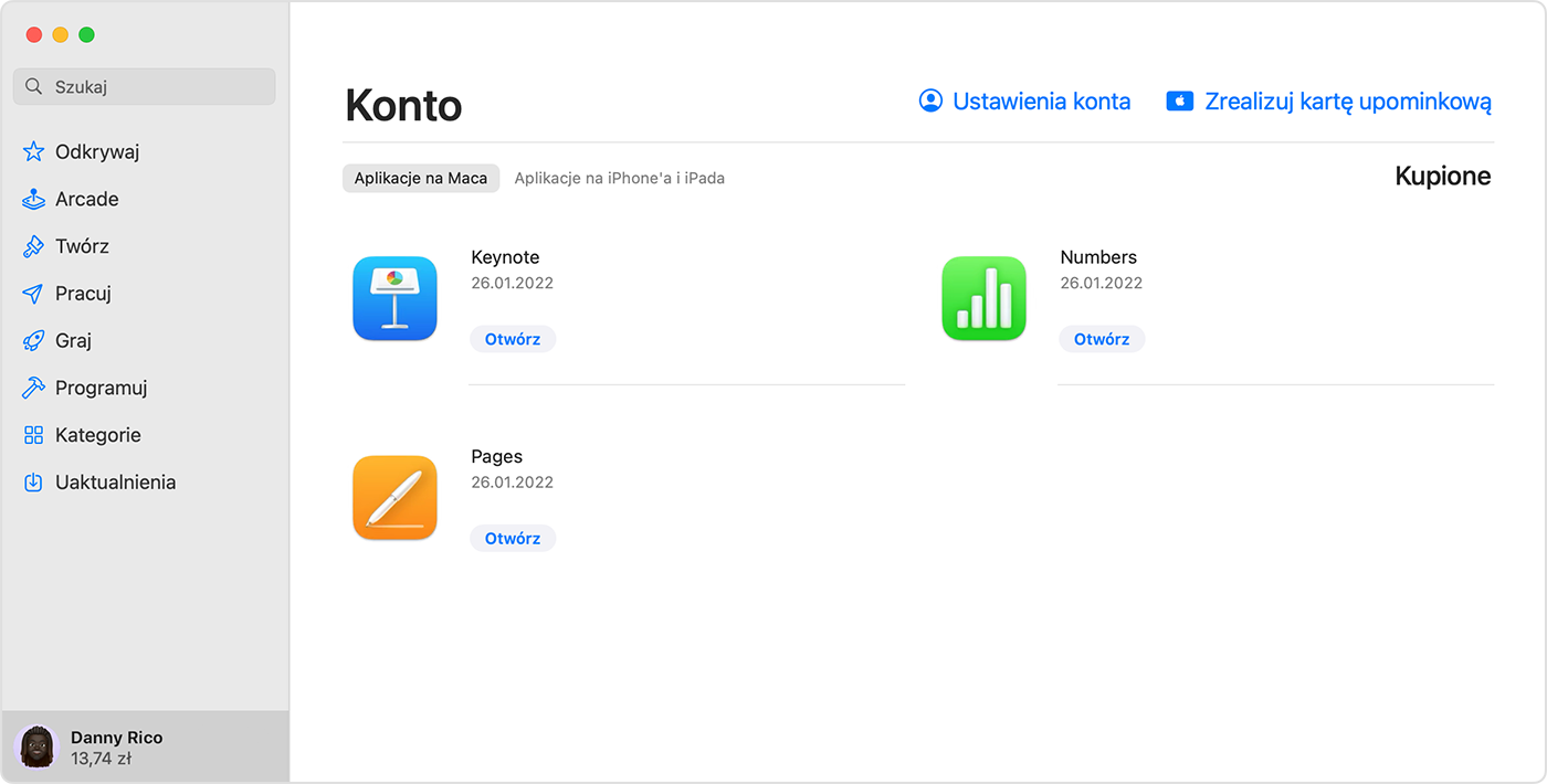 Ekran Konto w aplikacji App Store dla macOS z wyróżnionym saldem konta.