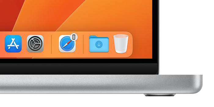 Dock w systemie macOS, widoczna ikona Safari dla funkcji Handoff