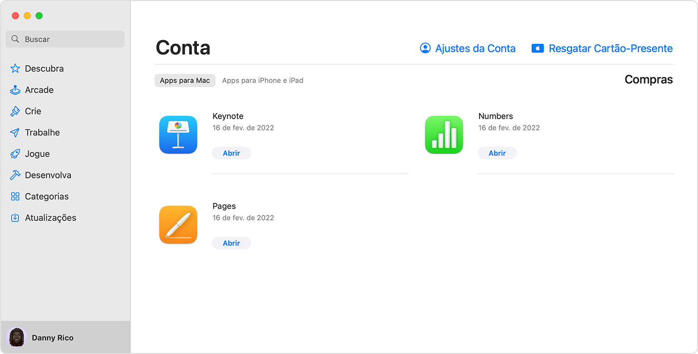 A tela Conta na App Store para macOS, com o saldo da conta destacado.