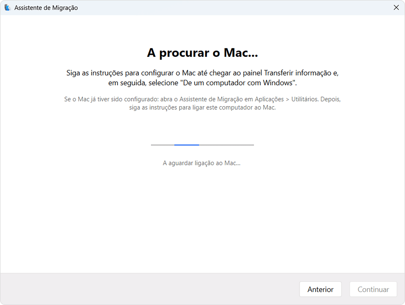 Assistente de migração no PC: A procurar o Mac...