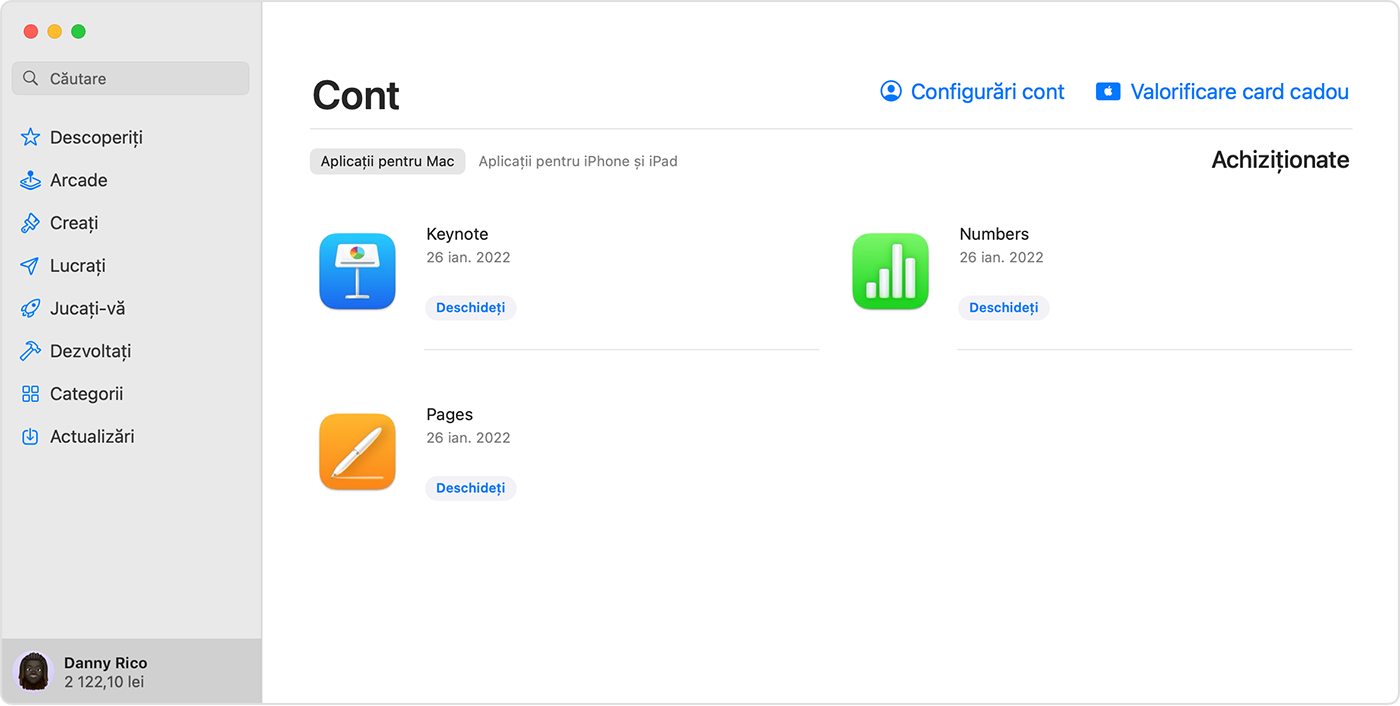 Ecranul Cont din App Store pentru macOS, cu soldul contului evidențiat.