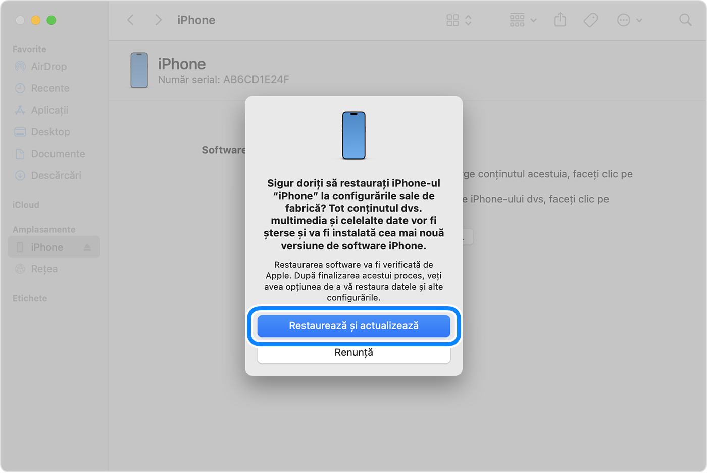 Pentru a restaura și a actualiza dispozitivul iPhone cu ajutorul computerului, trebuie să atingi Restaurează și actualizează pentru a confirma.