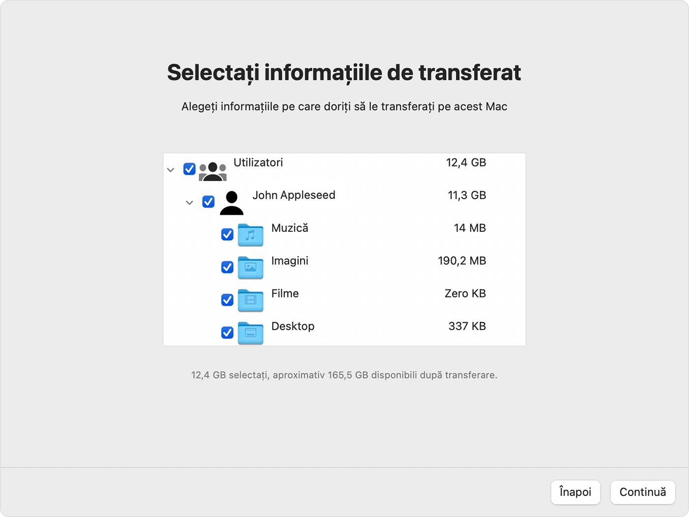Asistentul de migrare pe Mac: Selectează informațiile pentru transfer