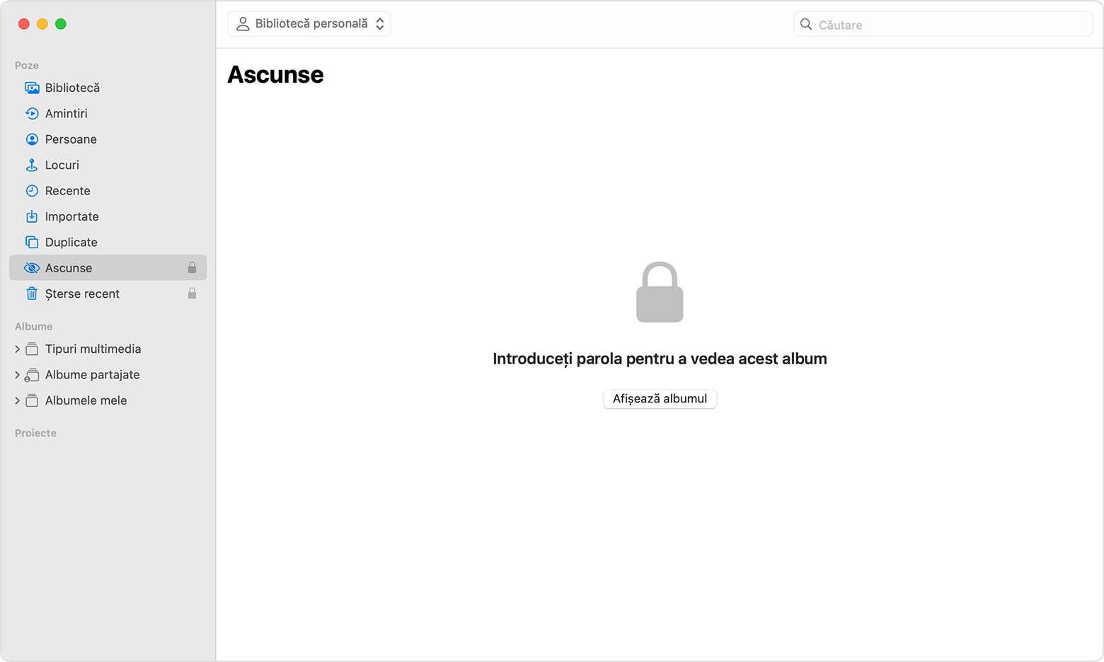 Albumul Ascunse evidențiat în aplicația Poze macOS.