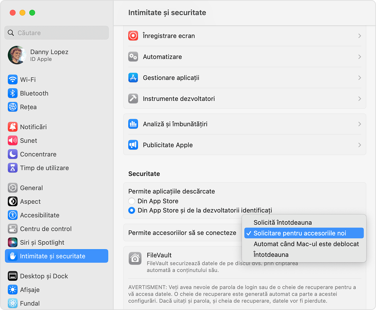 Modificarea configurării Permiteți conectarea accesoriilor la laptopurile Mac
