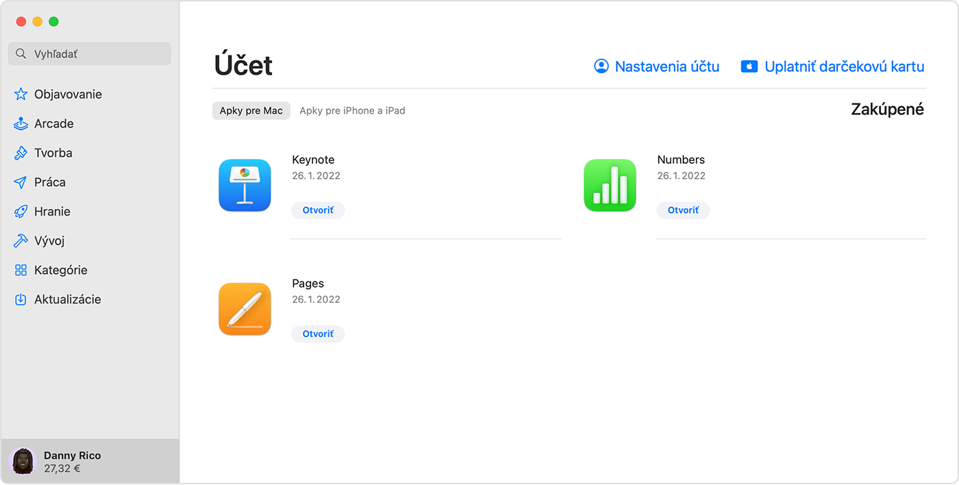 Obrazovka Účet v App Store pre macOS so zvýrazneným zostatkom na účte.