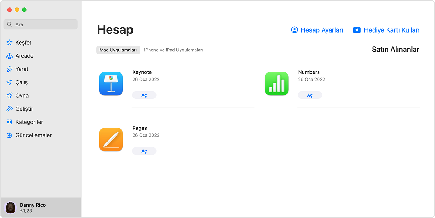 Hesap bakiyesinin vurgulandığı, macOS için App Store Hesap ekranı.