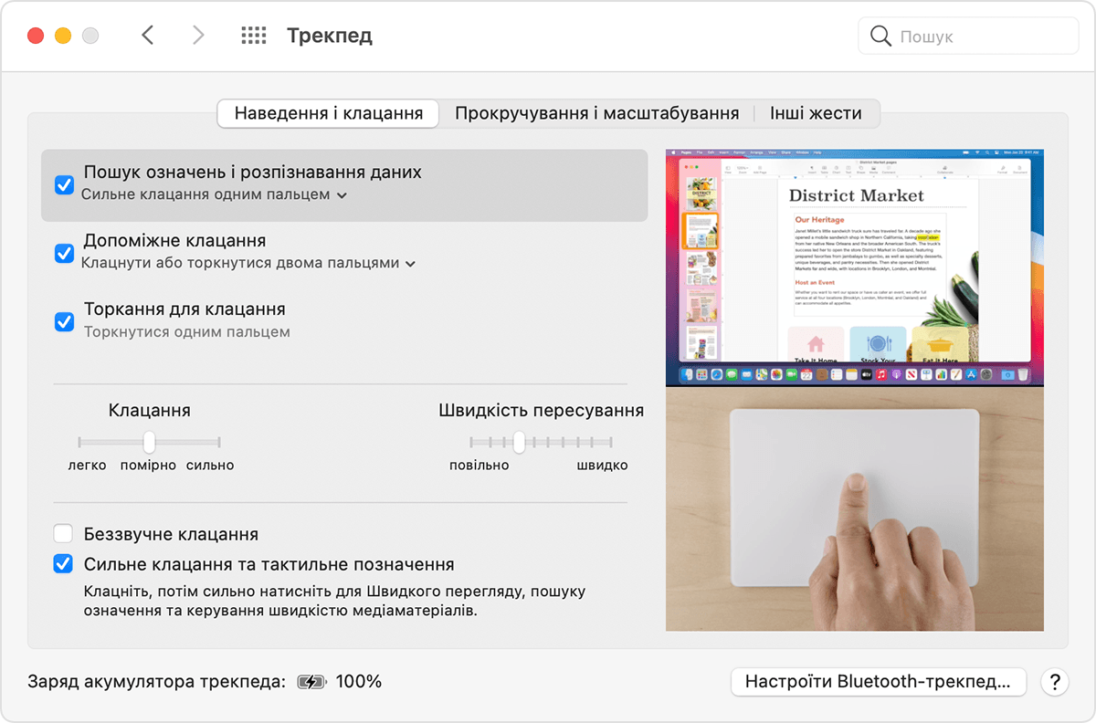 Вікно параметрів трекпеда в macOS