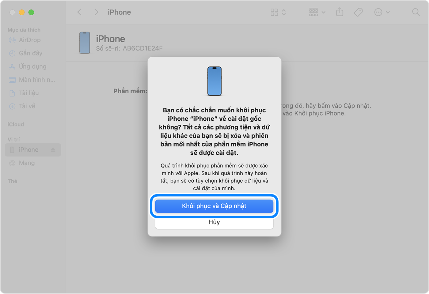 Để khôi phục và cập nhật iPhone bằng máy tính, bạn phải chạm vào Khôi phục và cập nhật để xác nhận.