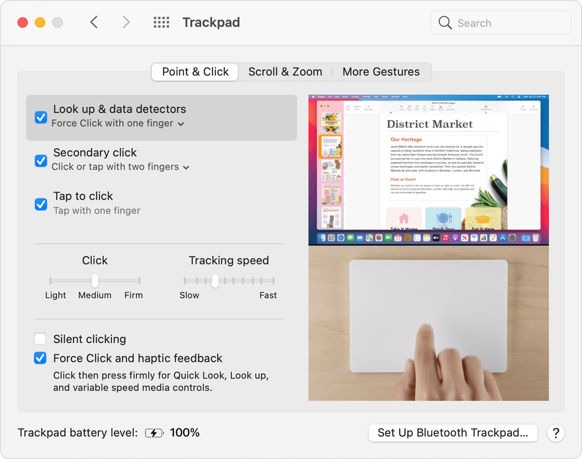 Прозорецът Trackpad Preferences (Предпочитания за тракпад) на macOS