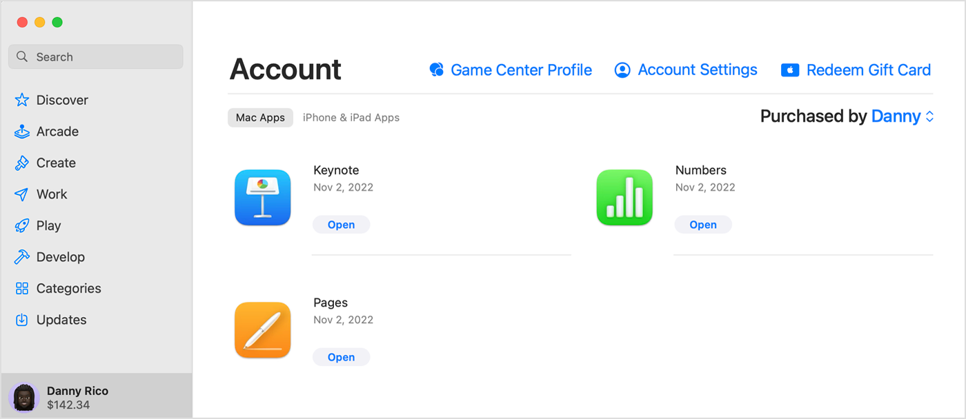 Екранът Account (Акаунт) в App Store за macOS, с маркирано салдо по акаунта.