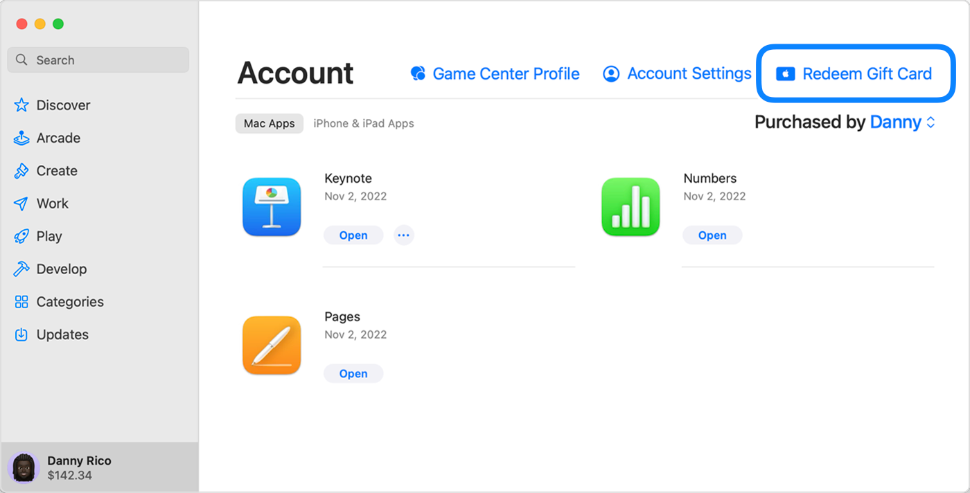 App Store на Mac, показващ опцията за използване на подаръчна карта