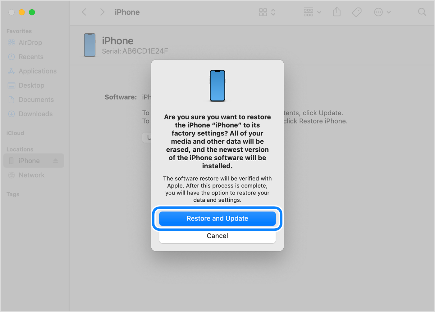To restore and update your iPhone with your computer, tap Restore and Update to confirm.