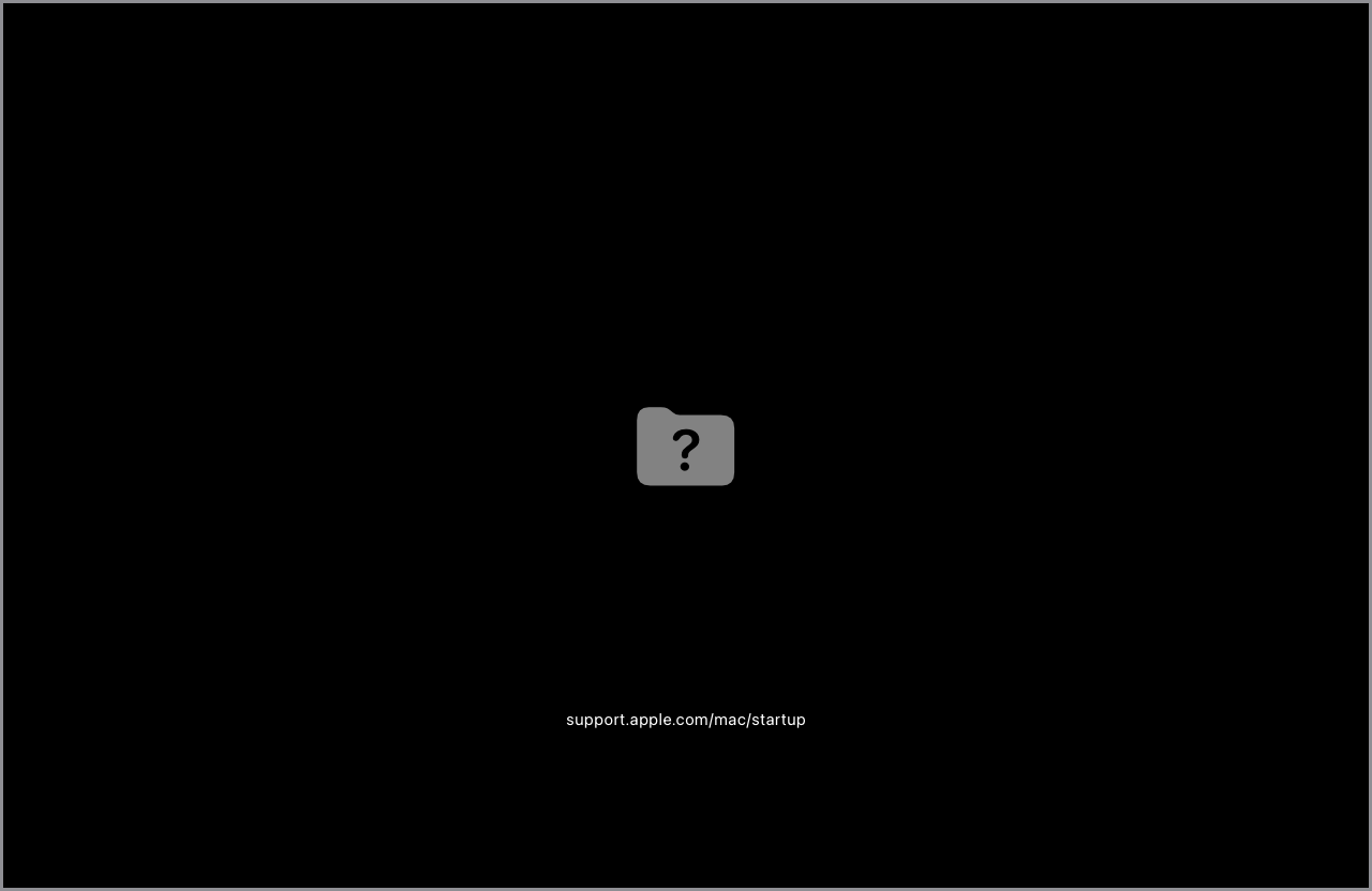 macOS startup screen displaying a question mark folder icon and URL: support.apple.com/mac/startup