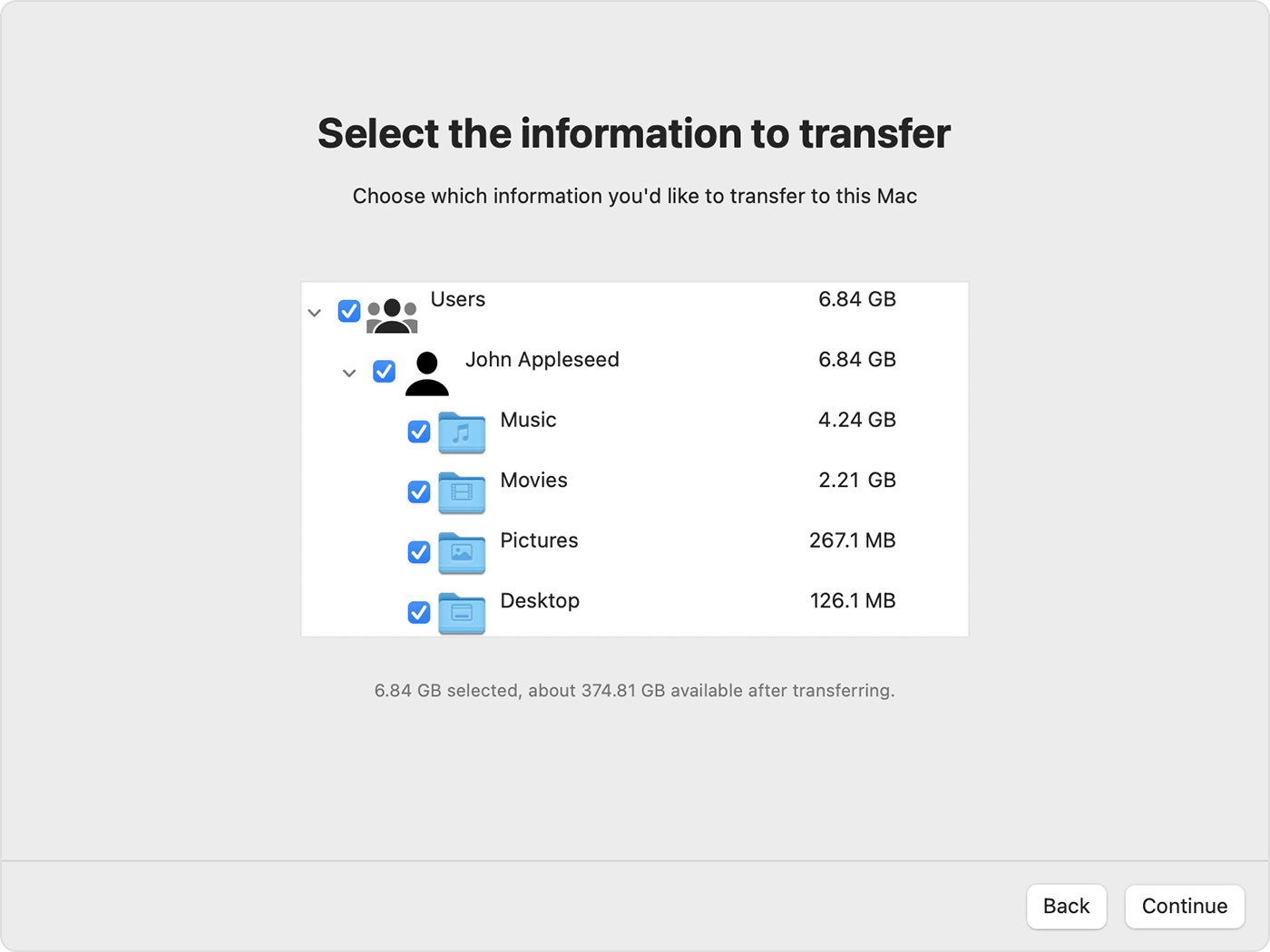 Migration Assistant on Mac: Select information to transfer