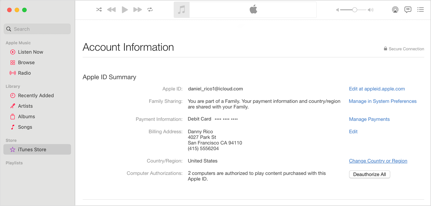 Apple Music app on Mac showing the Account Information page