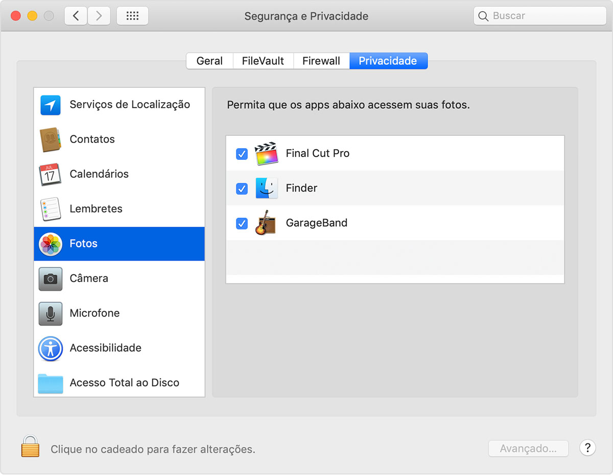System Preferences showing the Photos section in the Privacy tab in the Security & Privacy pane.