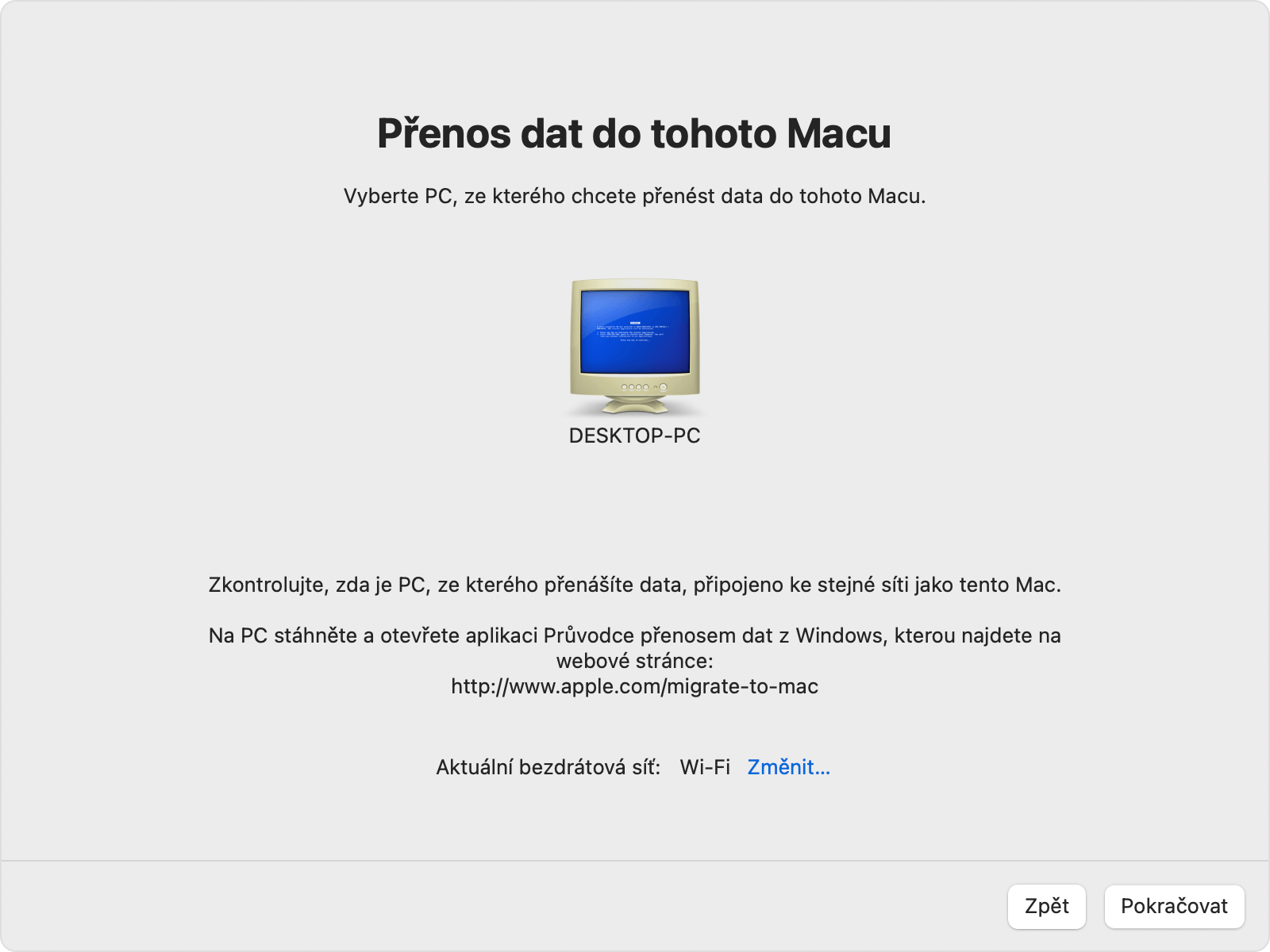 Průvodce přenosem dat na Macu: Vyberte PC se systémem Windows