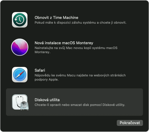 Volby Zotavení macOS s vybranou Diskovou utilitou