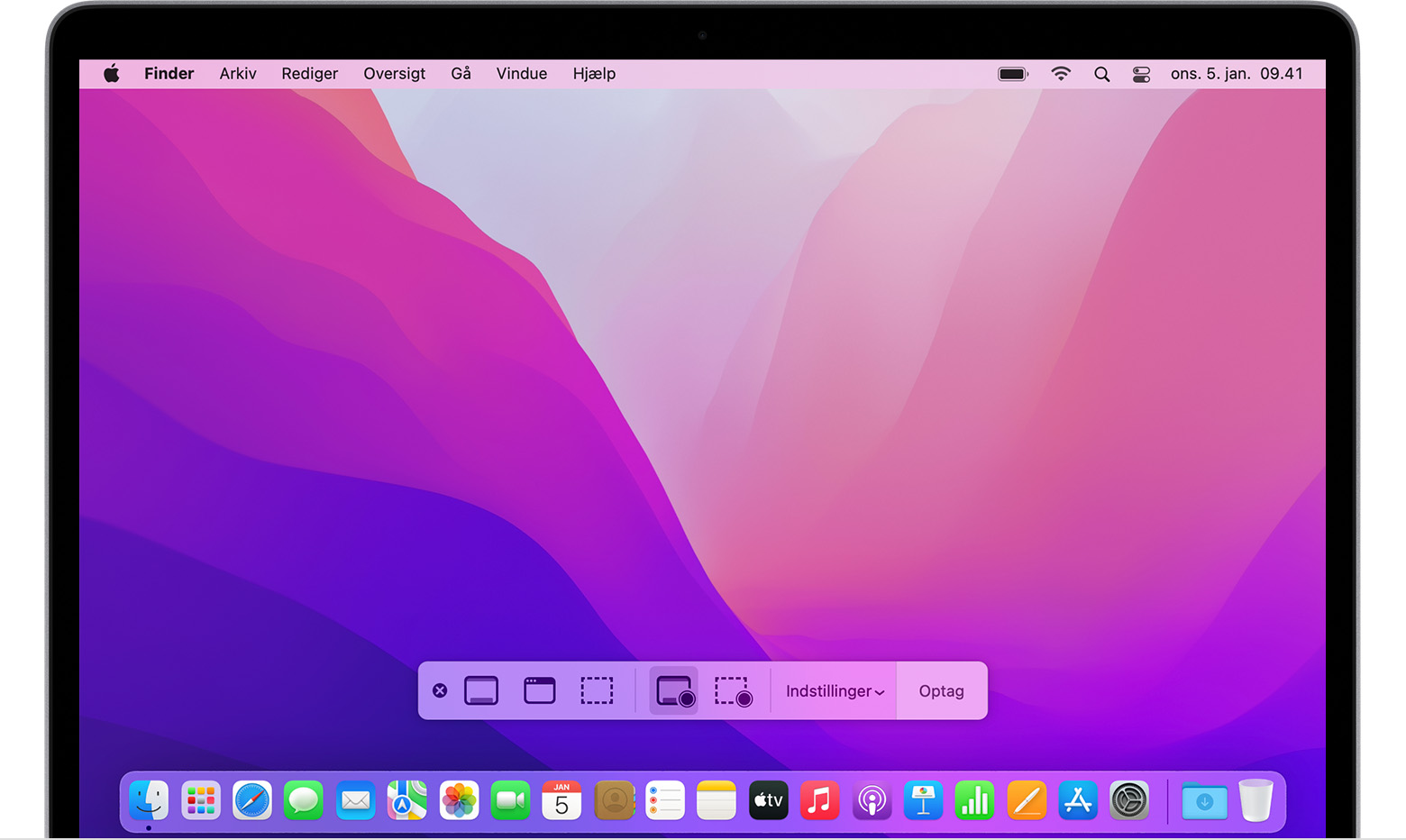 macOS-skrivebord med værktøjslinjen Skærmbillede vist