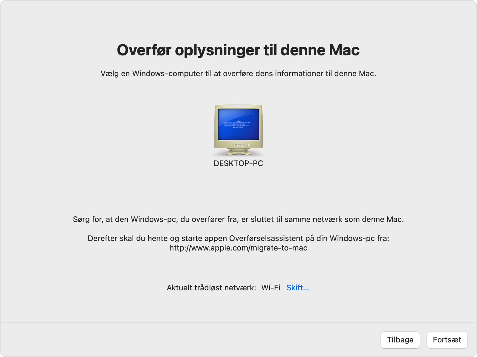 Overførselsassistent på Mac: Vælg en Windows-computer