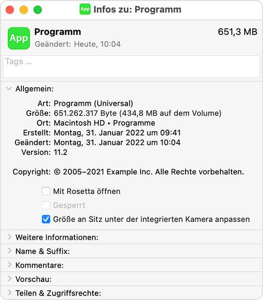 App info window with Scale to fit below built-in camera selected