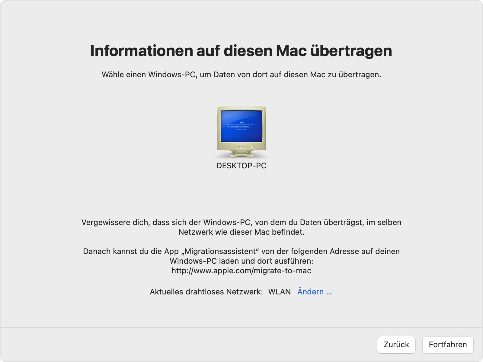 Migrationsassistent auf dem Mac: Einen Windows-PC auswählen