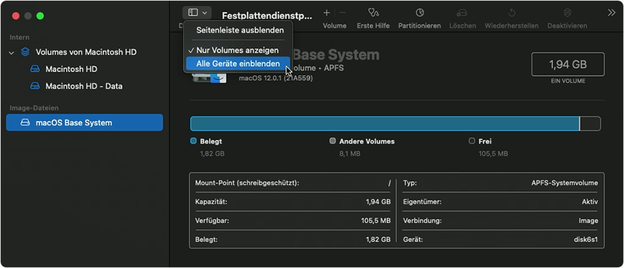 Festplattendienstprogramm: Alle Geräte einblenden